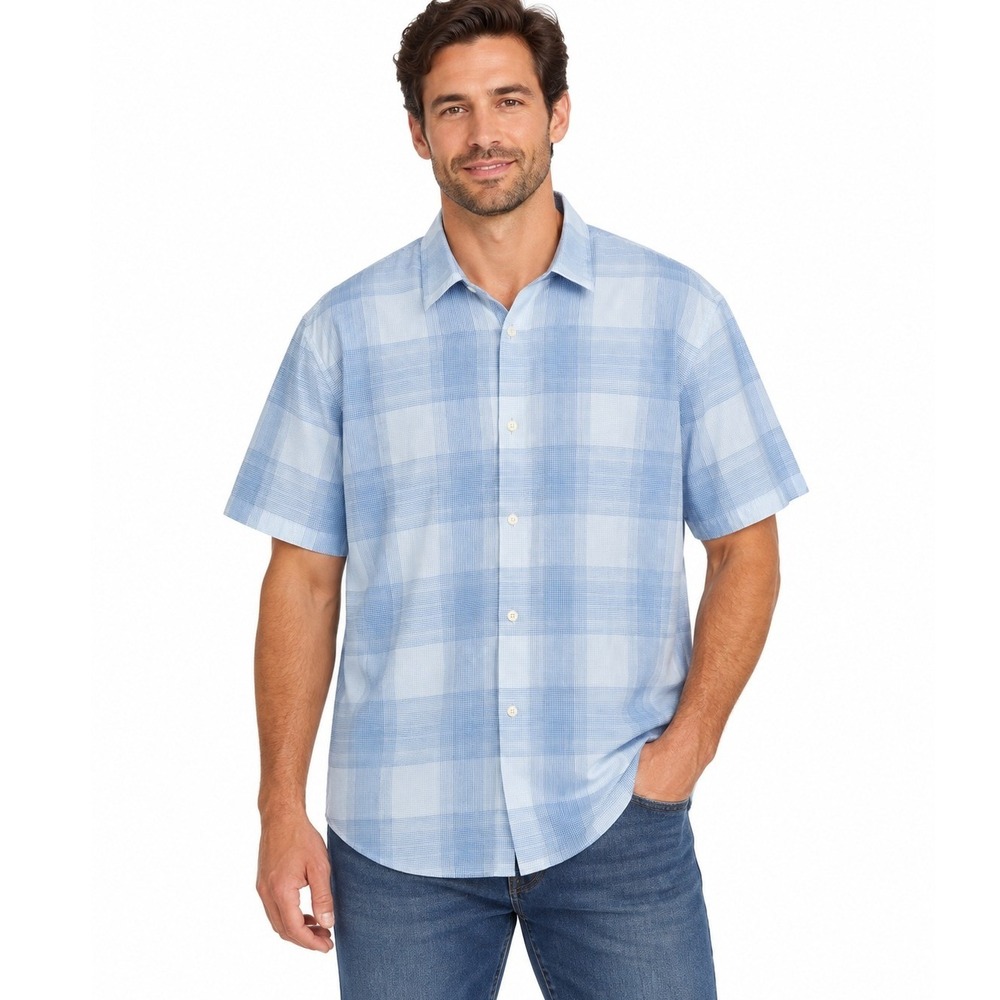Calvin Klein Mens Blue Plaid Short Sleeve Button Down Cotton Shirt | Size XL